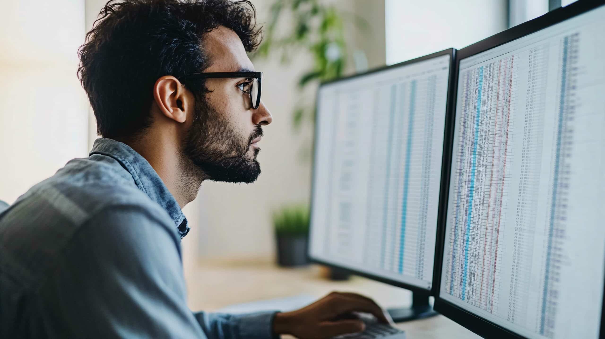 man working on spreadsheets