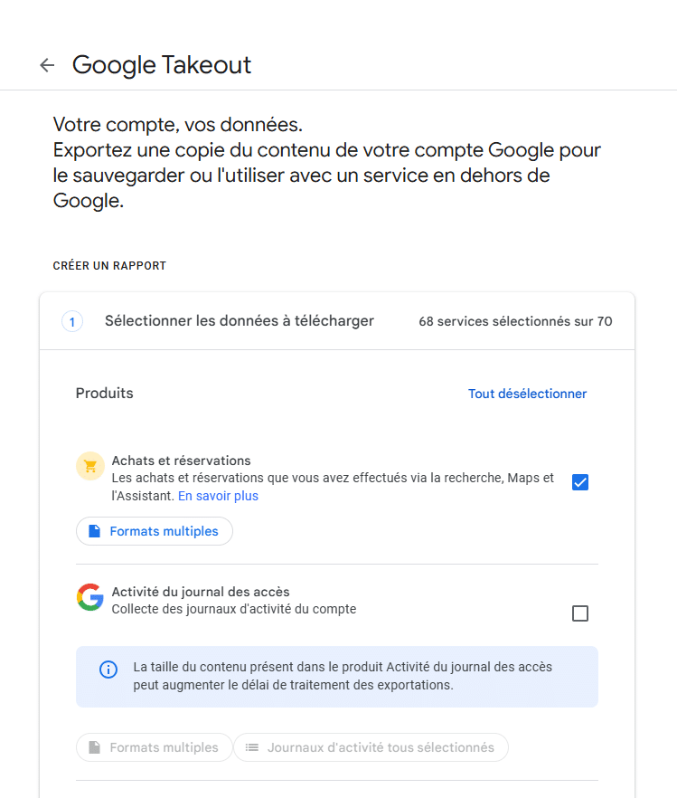 Déselectionner tout Google Takeout