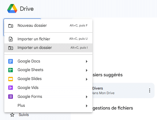 importer un dossier manuellement Google Drive